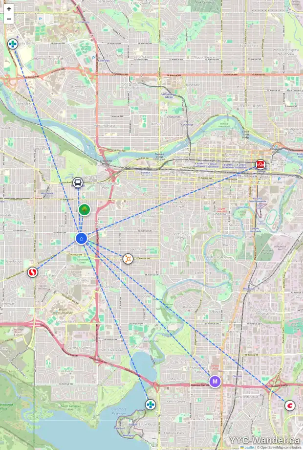 Daily accessibility map for 2835 26 ST SW, Calgary showing nearby schools, grocery stores, parks, LRT stations and nearby amenities