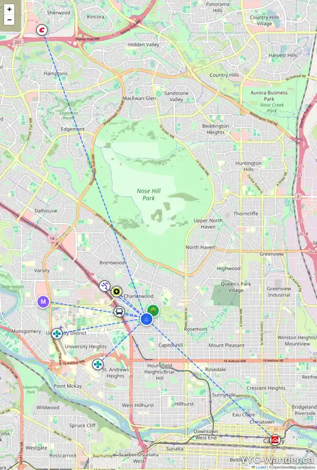Daily accessibility map for 2747 COCHRANE RD NW, Calgary showing nearby schools, grocery stores, parks, LRT stations and nearby amenities
