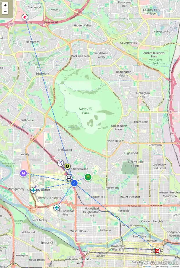 Daily accessibility map for 27 CRESTON CR NW, Calgary showing nearby schools, grocery stores, parks, LRT stations and nearby amenities