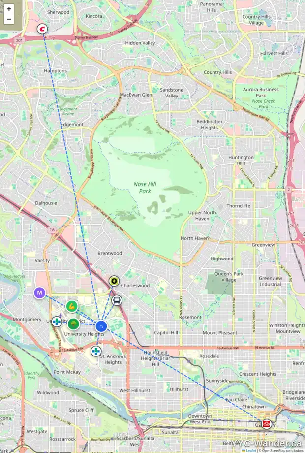 Daily accessibility map for 2932 UNIVERSITY PL NW, Calgary showing nearby schools, grocery stores, parks, LRT stations and nearby amenities