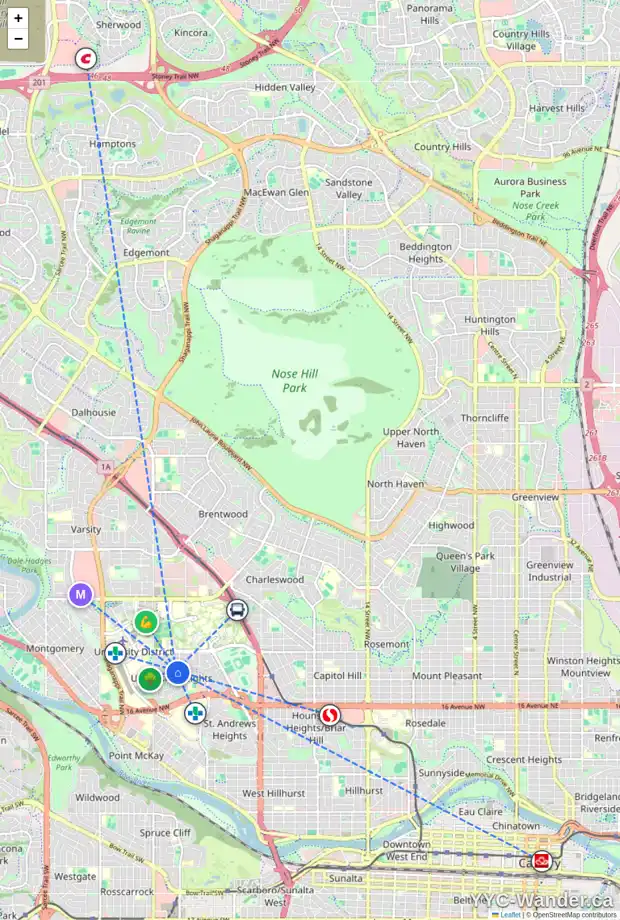 Daily accessibility map for 2203 ULYSSES ST NW, Calgary showing nearby schools, grocery stores, parks, LRT stations and nearby amenities