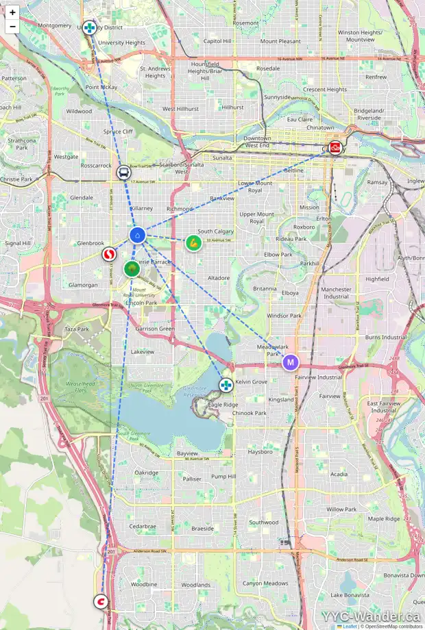 Daily accessibility map for 113 KILLARNEY GLEN CO SW, Calgary showing nearby schools, grocery stores, parks, LRT stations and nearby amenities