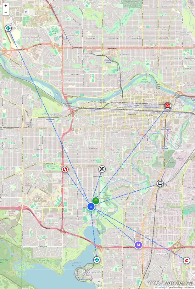 Daily accessibility map for 1721 49 AV SW, Calgary showing nearby schools, grocery stores, parks, LRT stations and nearby amenities