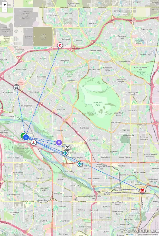 Daily accessibility map for 7603 37 AV NW, Calgary showing nearby schools, grocery stores, parks, LRT stations and nearby amenities