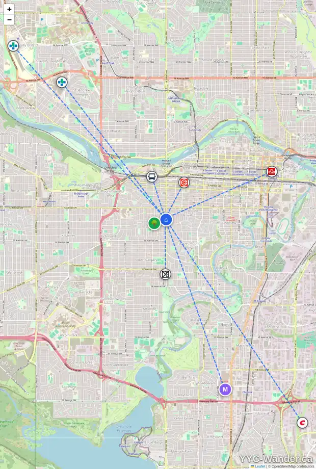 Daily accessibility map for 202 2221 14 ST SW, Calgary showing nearby schools, grocery stores, parks, LRT stations and nearby amenities