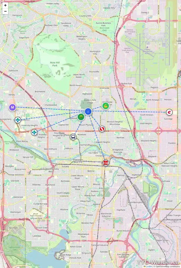 Daily accessibility map for 3115 5A ST NW, Calgary showing nearby schools, grocery stores, parks, LRT stations and nearby amenities