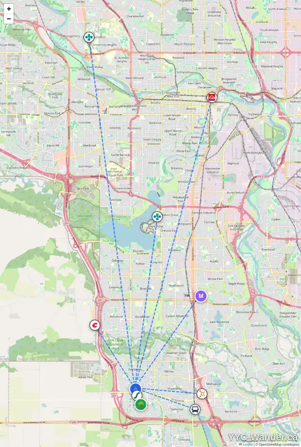 Daily accessibility map for 25 EVERSYDE PT SW, Calgary showing nearby schools, grocery stores, parks, LRT stations and nearby amenities