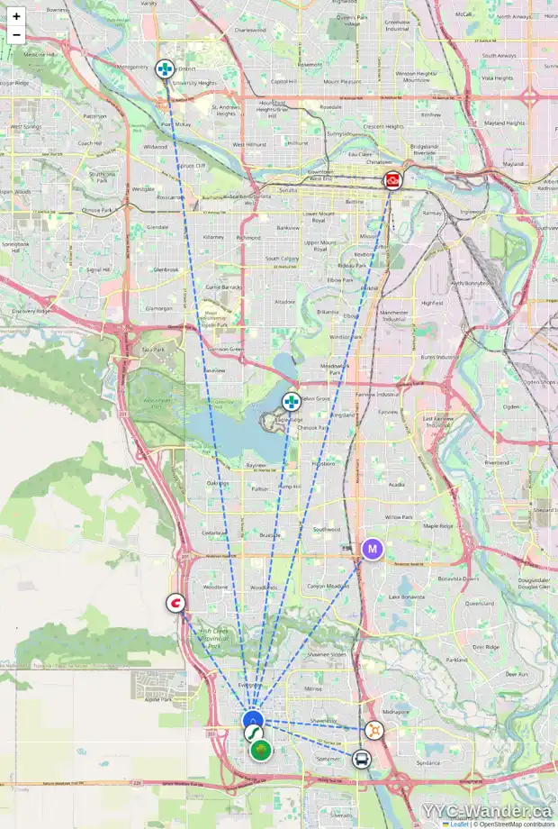 Daily accessibility map for 106 EVERSYDE PT SW, Calgary showing nearby schools, grocery stores, parks, LRT stations and nearby amenities