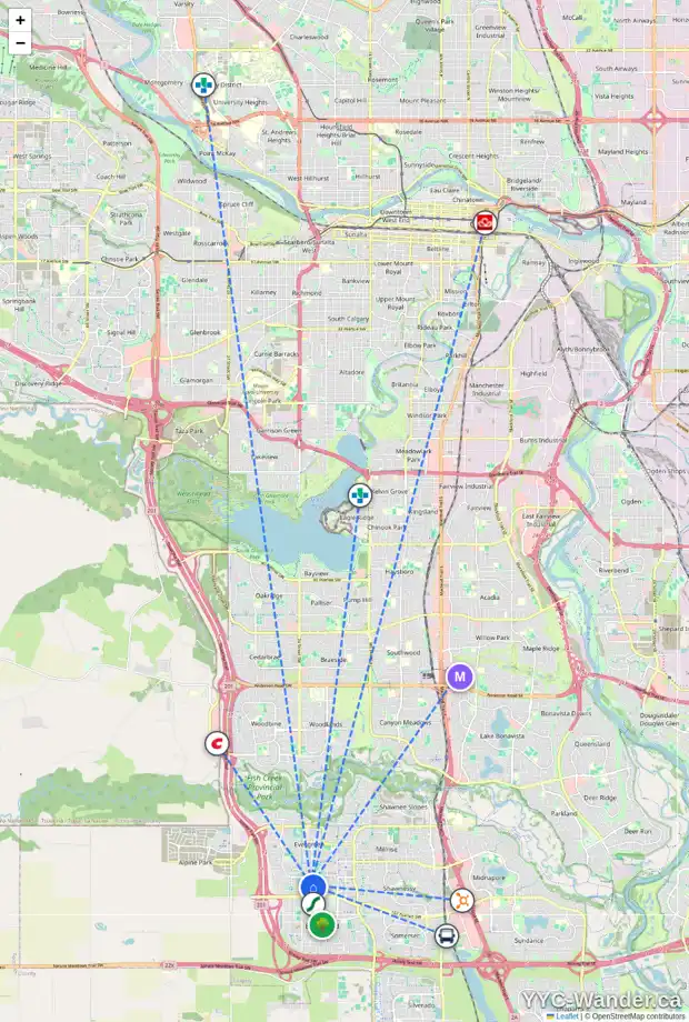 Daily accessibility map for 75 EVERSYDE PT SW, Calgary showing nearby schools, grocery stores, parks, LRT stations and nearby amenities
