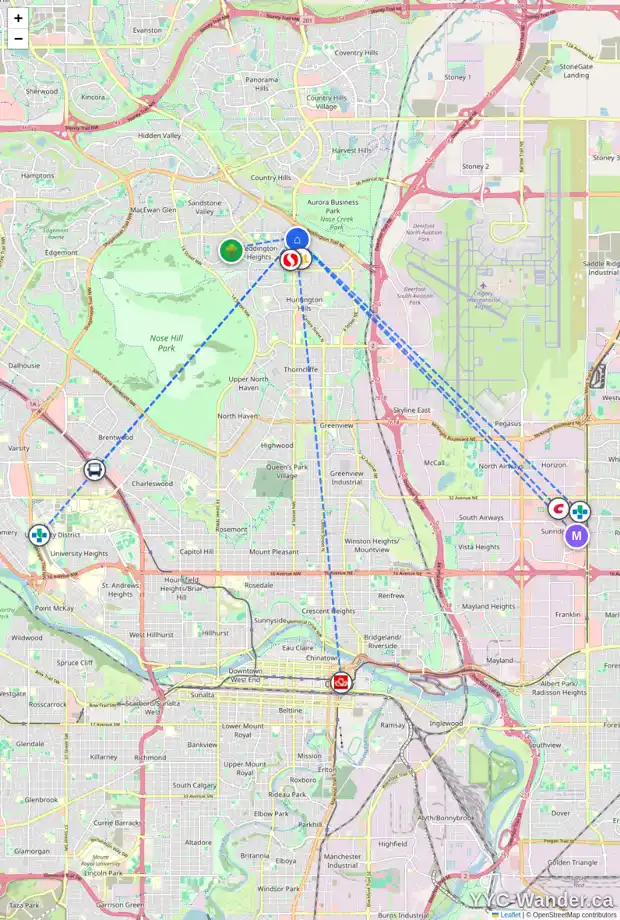 Daily accessibility map for 8432 CENTRE ST NE, Calgary showing nearby schools, grocery stores, parks, LRT stations and nearby amenities