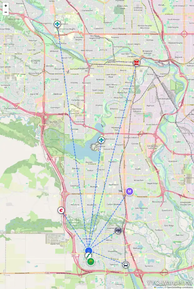 Daily accessibility map for 89 EVERSYDE PT SW, Calgary showing nearby schools, grocery stores, parks, LRT stations and nearby amenities