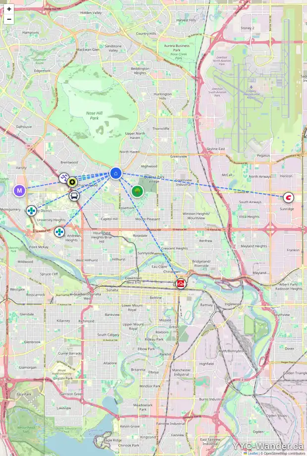 Daily accessibility map for 1640 CAYUGA DR NW, Calgary showing nearby schools, grocery stores, parks, LRT stations and nearby amenities
