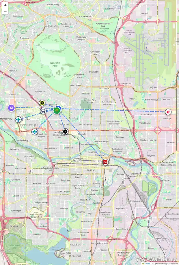 Daily accessibility map for 3232 19 ST NW, Calgary showing nearby schools, grocery stores, parks, LRT stations and nearby amenities