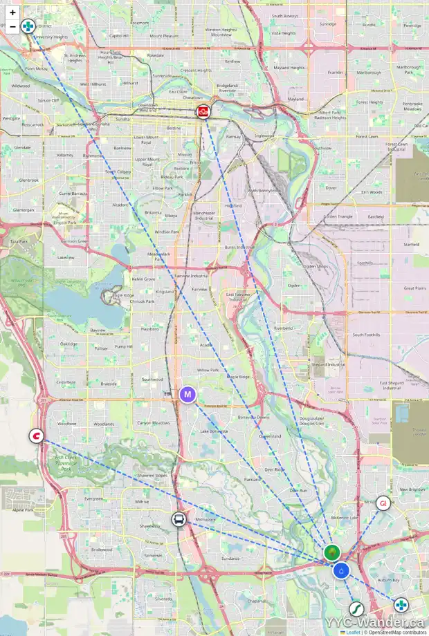 Daily accessibility map for 43 CRANFIELD LI SE, Calgary showing nearby schools, grocery stores, parks, LRT stations and nearby amenities