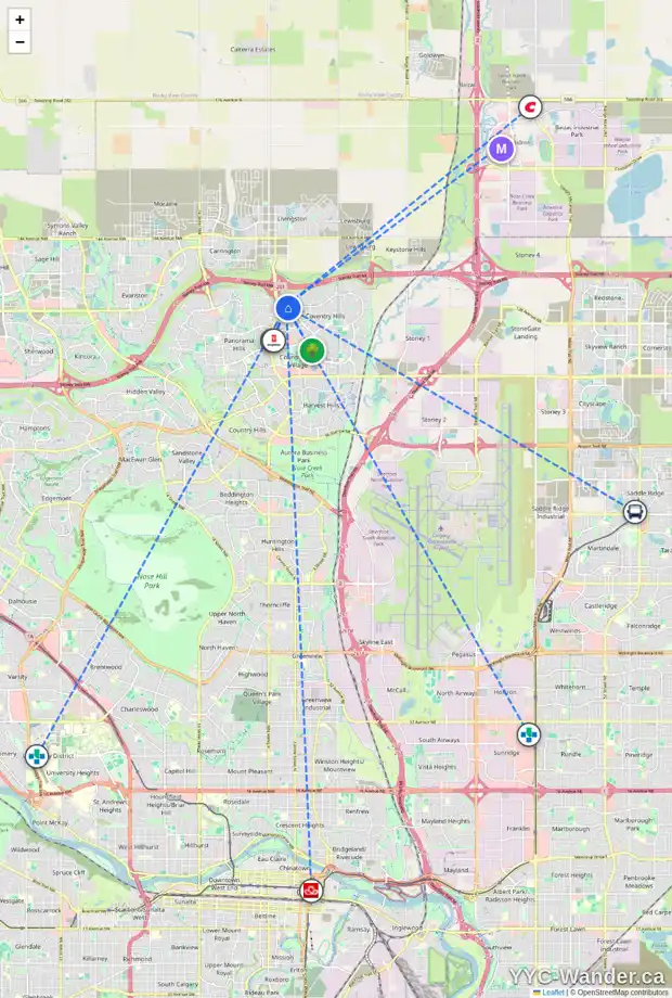 Daily accessibility map for 102 COVEMEADOW CR NE, Calgary showing nearby schools, grocery stores, parks, LRT stations and nearby amenities