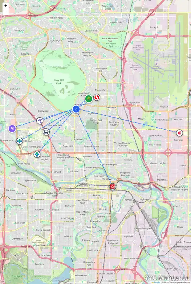Daily accessibility map for 4711 NORQUAY DR NW, Calgary showing nearby schools, grocery stores, parks, LRT stations and nearby amenities