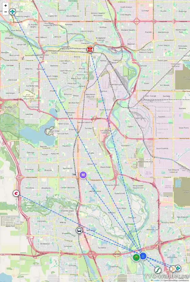 Daily accessibility map for 115 CRANLEIGH MR SE, Calgary showing nearby schools, grocery stores, parks, LRT stations and nearby amenities