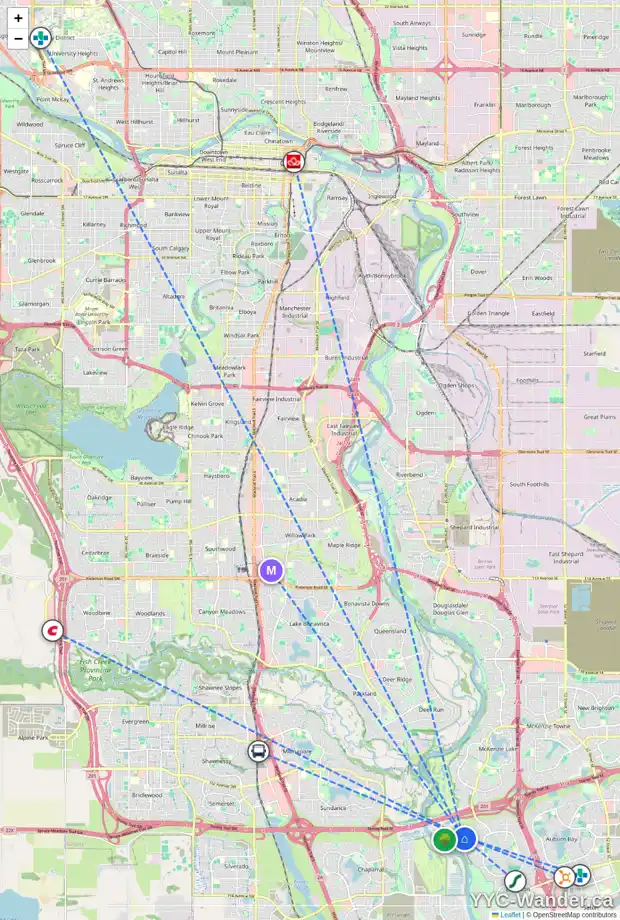 Daily accessibility map for 74 CRANLEIGH MR SE, Calgary showing nearby schools, grocery stores, parks, LRT stations and nearby amenities