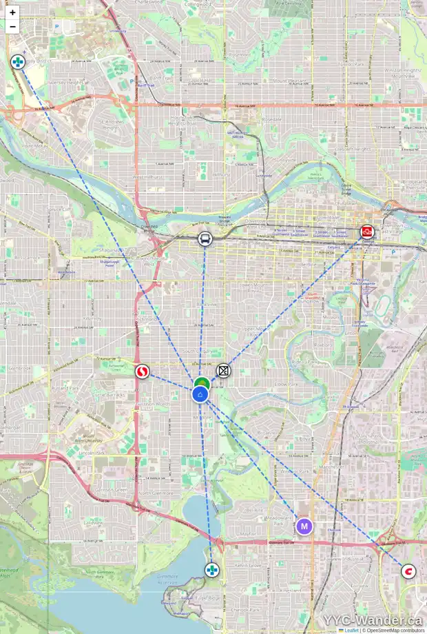 Daily accessibility map for 3932 16A ST SW, Calgary showing nearby schools, grocery stores, parks, LRT stations and nearby amenities