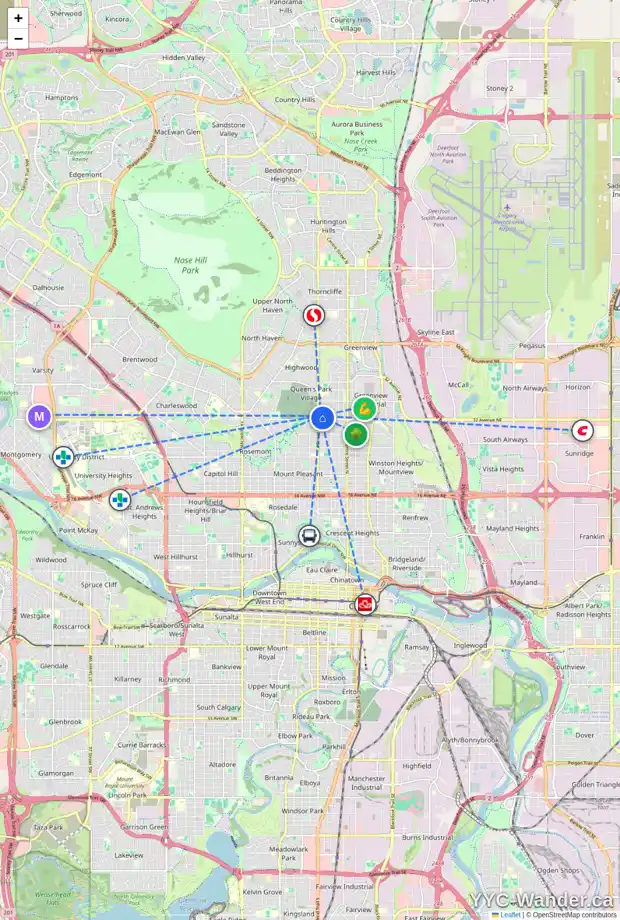 Daily accessibility map for 447 33 AV NW, Calgary showing nearby schools, grocery stores, parks, LRT stations and nearby amenities