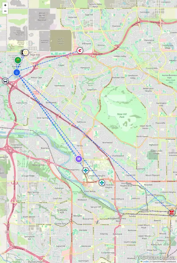 Daily accessibility map for 142 ROYAL RIDGE MT NW, Calgary showing nearby schools, grocery stores, parks, LRT stations and nearby amenities