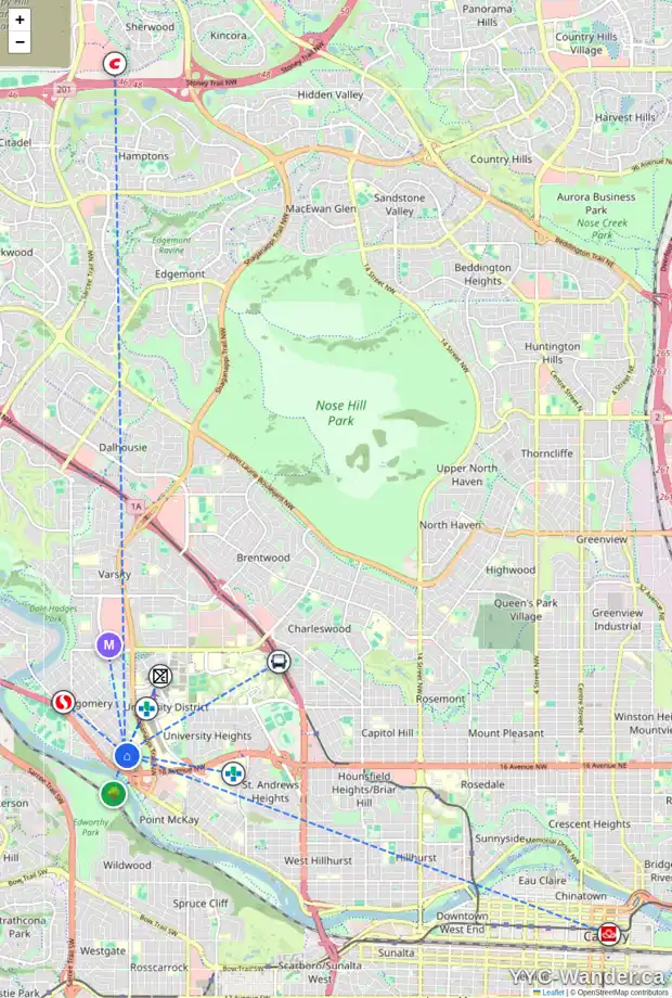 Daily accessibility map for 4307 19 AV NW, Calgary showing nearby schools, grocery stores, parks, LRT stations and nearby amenities