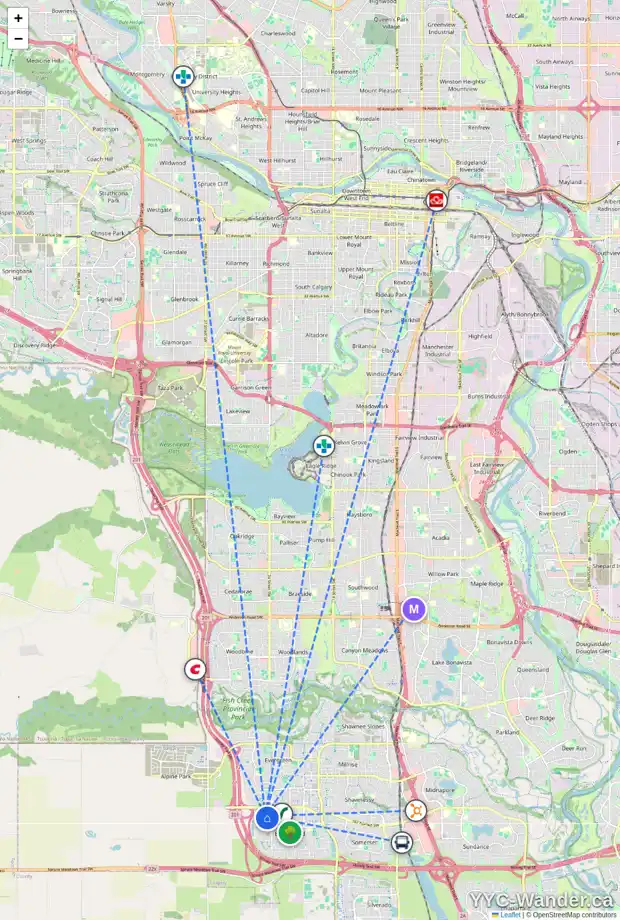 Daily accessibility map for 74 BRIDLECREST BV SW, Calgary showing nearby schools, grocery stores, parks, LRT stations and nearby amenities