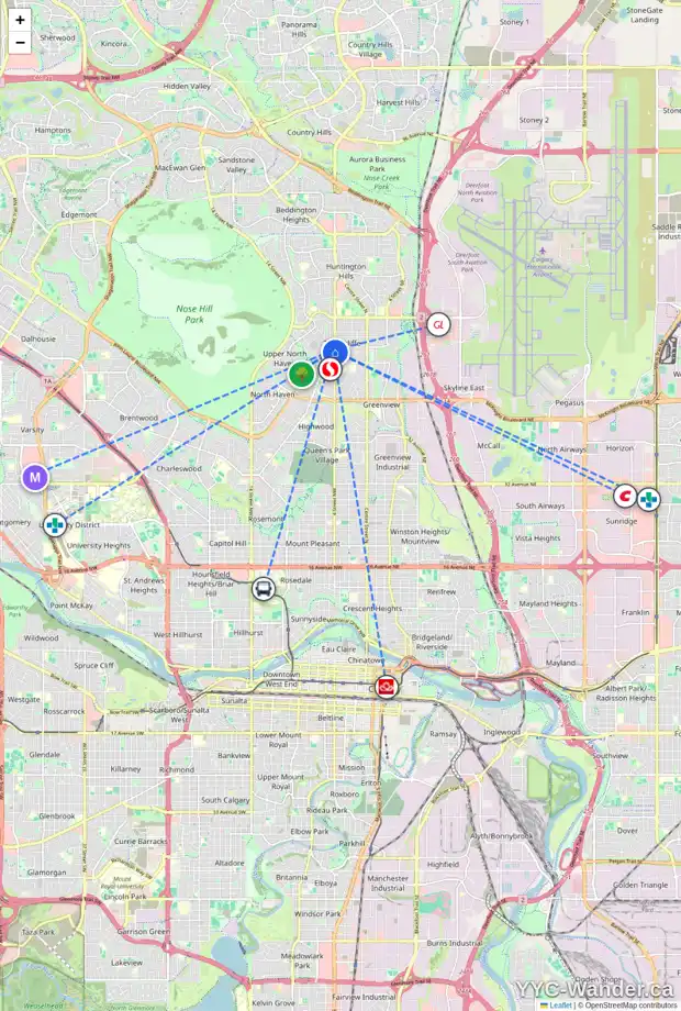 Daily accessibility map for 2 SIMONS CR NW, Calgary showing nearby schools, grocery stores, parks, LRT stations and nearby amenities