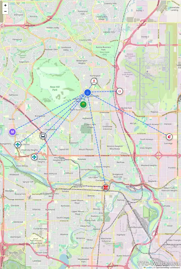 Daily accessibility map for 63 THORNABY CR NW, Calgary showing nearby schools, grocery stores, parks, LRT stations and nearby amenities