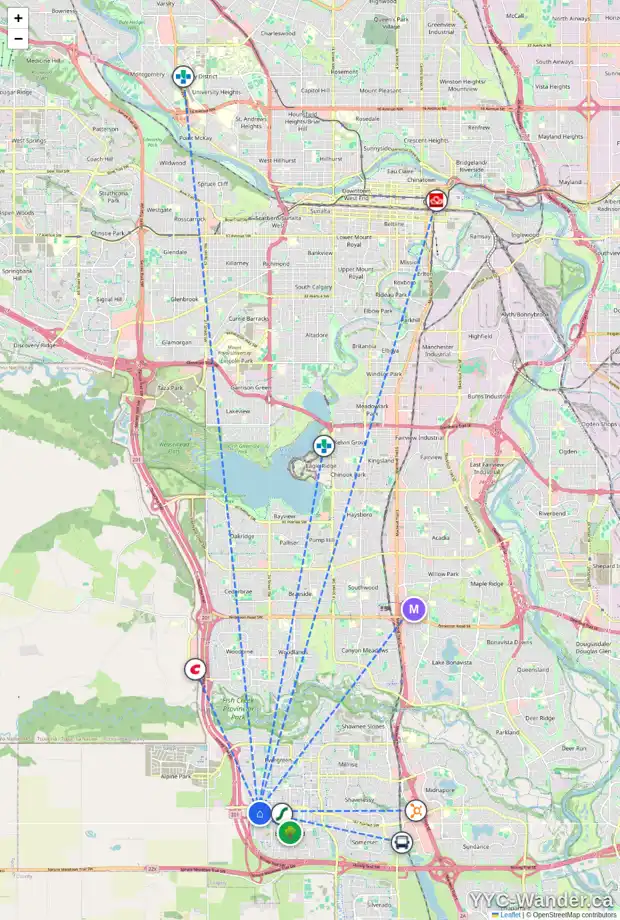 Daily accessibility map for 30 BRIDLECREST GD SW, Calgary showing nearby schools, grocery stores, parks, LRT stations and nearby amenities