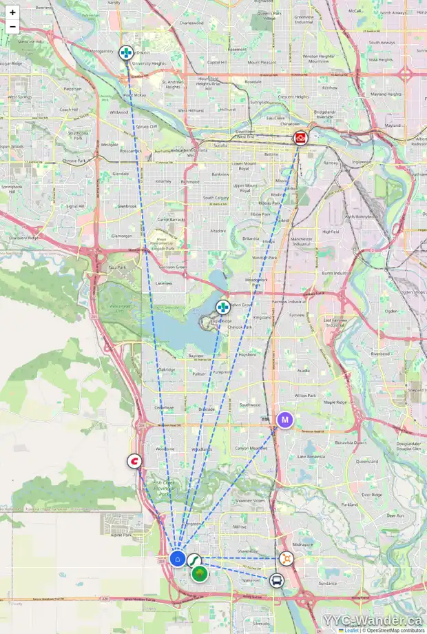 Daily accessibility map for 55 BRIDLECREST GD SW, Calgary showing nearby schools, grocery stores, parks, LRT stations and nearby amenities
