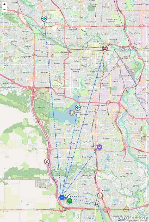 Daily accessibility map for 9 BRIDLECREST ST SW, Calgary showing nearby schools, grocery stores, parks, LRT stations and nearby amenities
