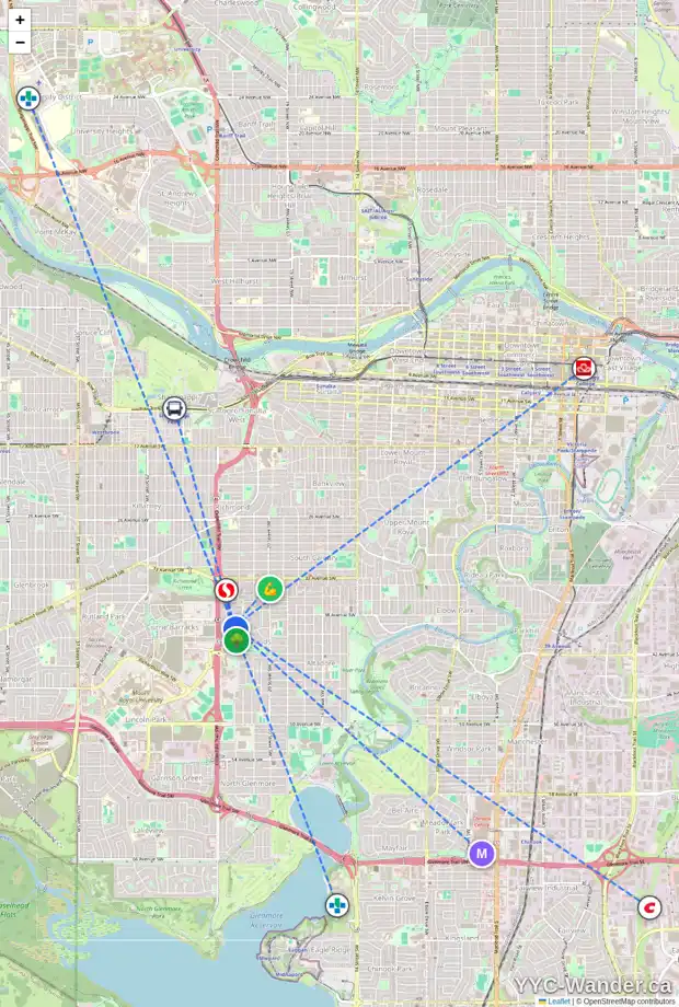 Daily accessibility map for 28 YPRES ME SW, Calgary showing nearby schools, grocery stores, parks, LRT stations and nearby amenities