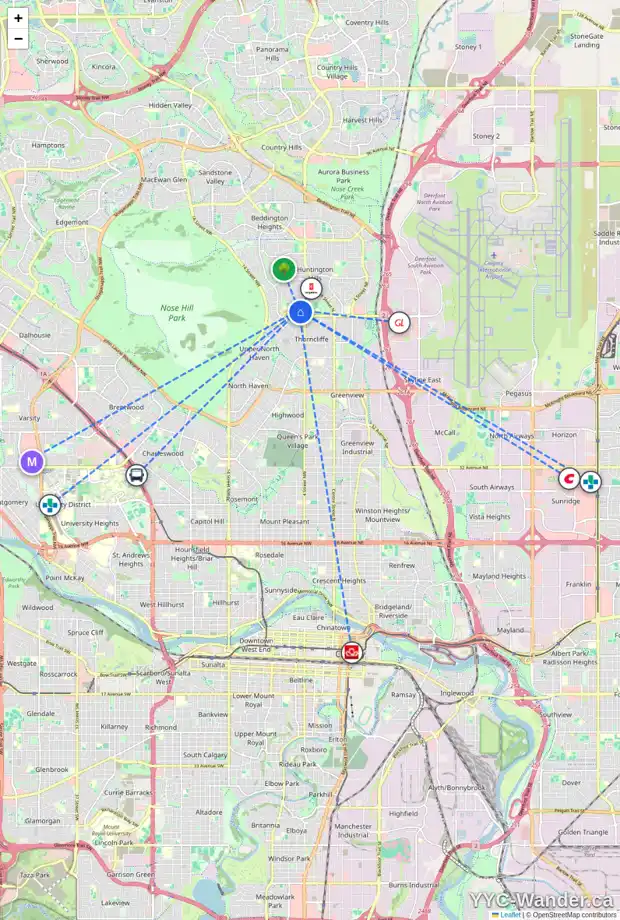 Daily accessibility map for 515 HUNTS CR NW, Calgary showing nearby schools, grocery stores, parks, LRT stations and nearby amenities