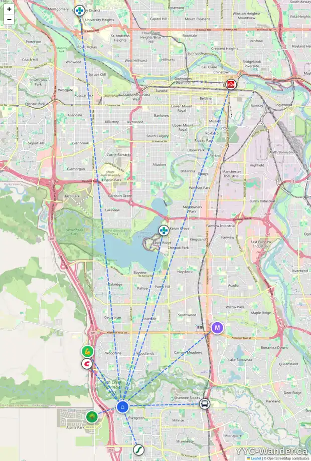 Daily accessibility map for 6 EVERCREEK BLUFFS PL SW, Calgary showing nearby schools, grocery stores, parks, LRT stations and nearby amenities