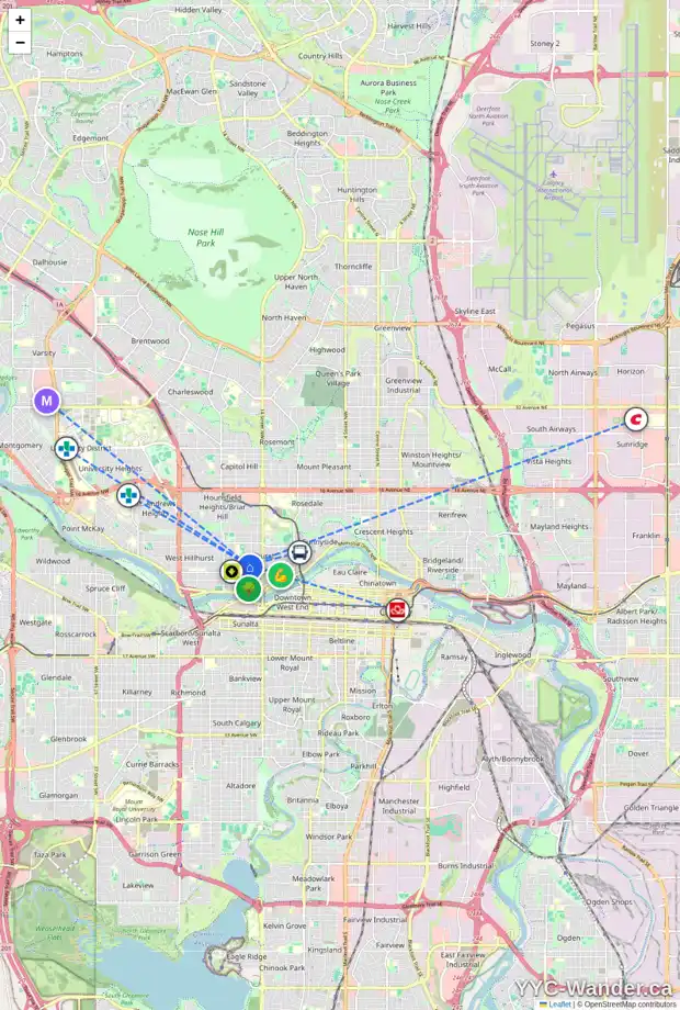 Daily accessibility map for 1716 1 AV NW, Calgary showing nearby schools, grocery stores, parks, LRT stations and nearby amenities