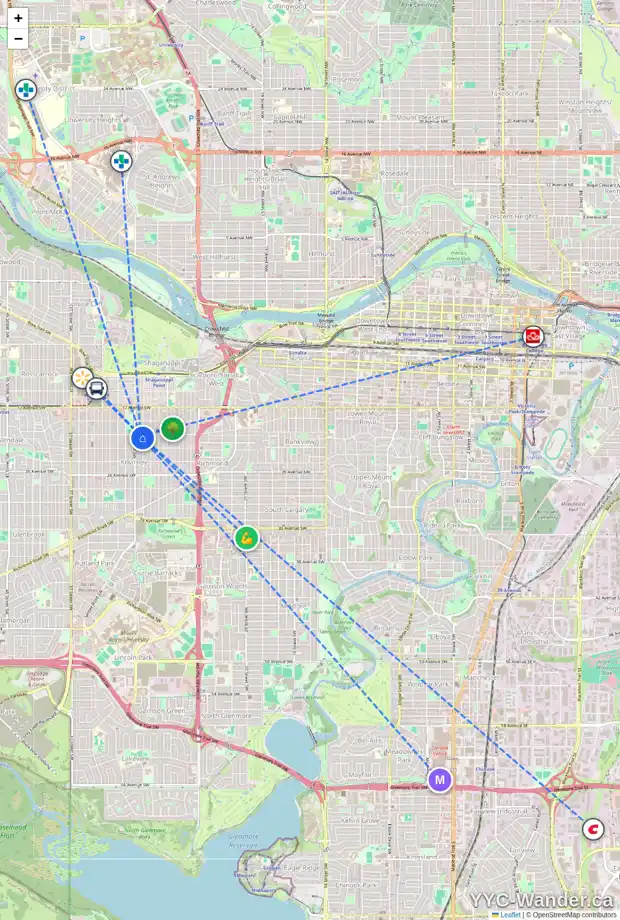 Daily accessibility map for 2903 21 AV SW, Calgary showing nearby schools, grocery stores, parks, LRT stations and nearby amenities