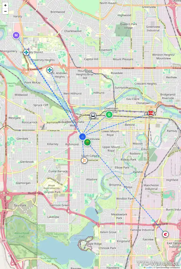 Daily accessibility map for 2031 20 AV SW, Calgary showing nearby schools, grocery stores, parks, LRT stations and nearby amenities