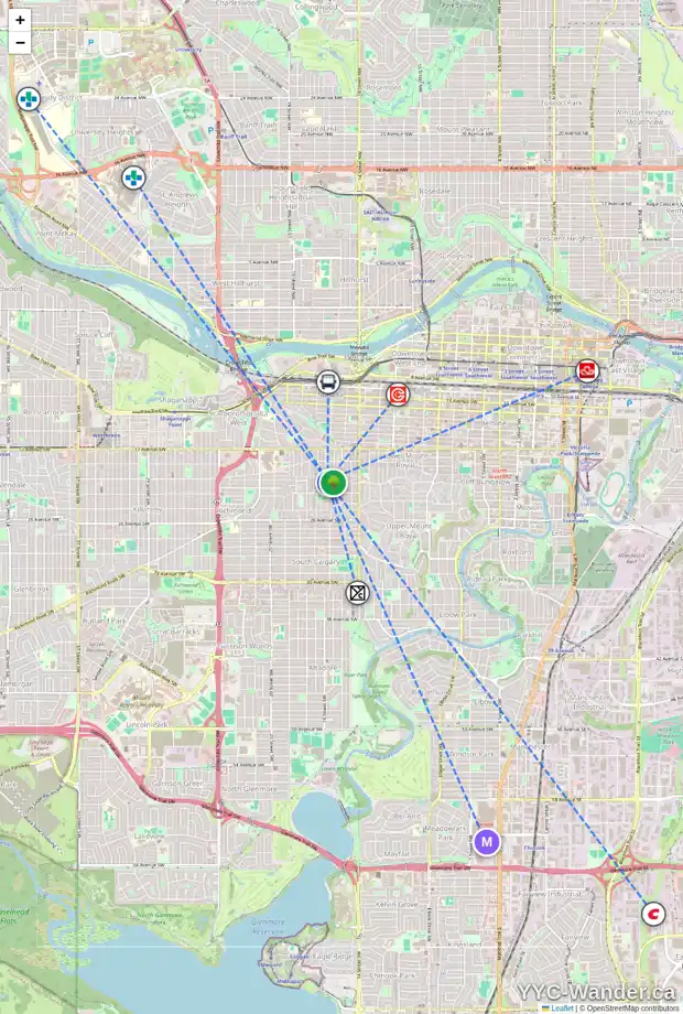 Daily accessibility map for 101 2220 16A ST SW, Calgary showing nearby schools, grocery stores, parks, LRT stations and nearby amenities