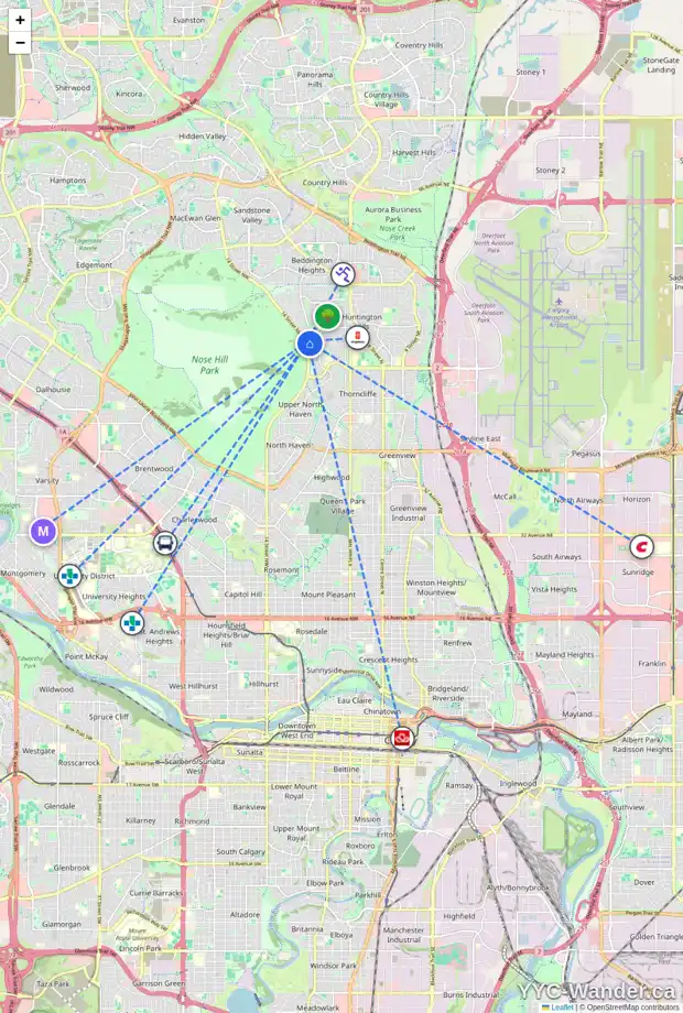 Daily accessibility map for 1023 HUNTERCOVE PL NW, Calgary showing nearby schools, grocery stores, parks, LRT stations and nearby amenities