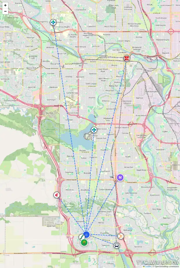 Daily accessibility map for 2220 162 AV SW, Calgary showing nearby schools, grocery stores, parks, LRT stations and nearby amenities