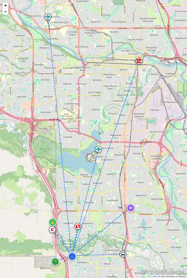 Daily accessibility map for 74 EVERCREEK BLUFFS PL SW, Calgary showing nearby schools, grocery stores, parks, LRT stations and nearby amenities
