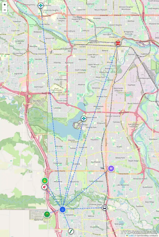 Daily accessibility map for 91 EVERCREEK BLUFFS PL SW, Calgary showing nearby schools, grocery stores, parks, LRT stations and nearby amenities