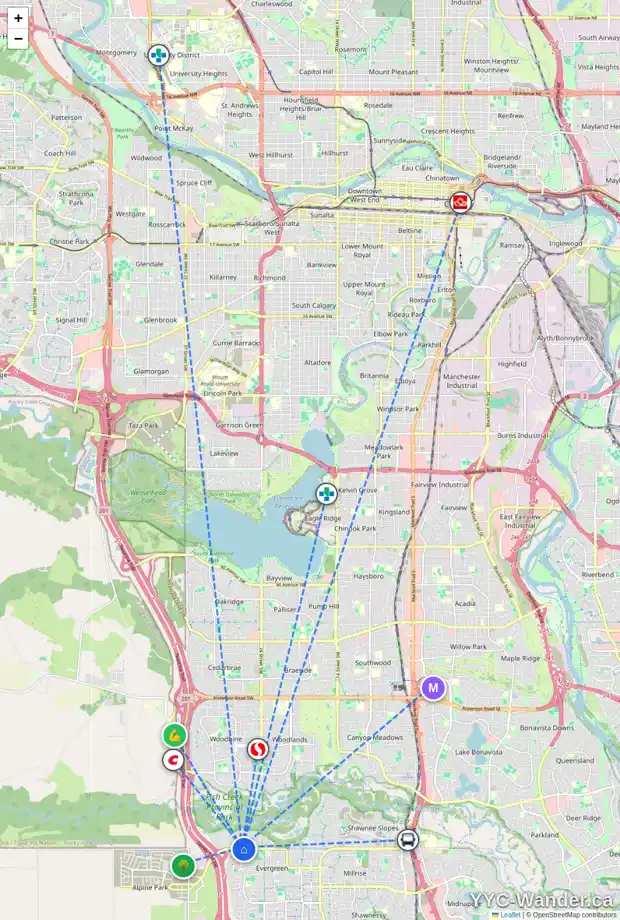 Daily accessibility map for 111 EVERCREEK BLUFFS PL SW, Calgary showing nearby schools, grocery stores, parks, LRT stations and nearby amenities