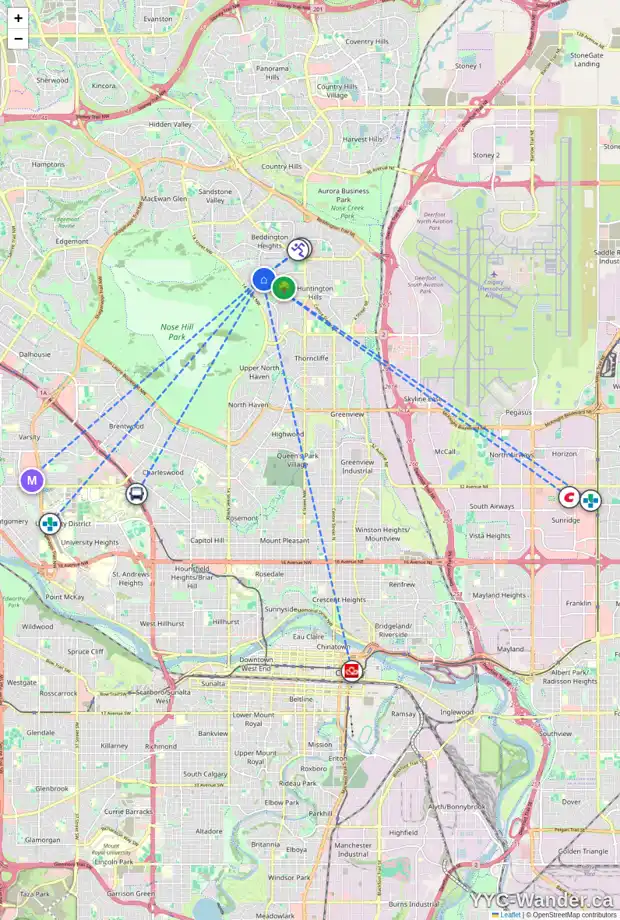 Daily accessibility map for 7724 HUNTERVIEW DR NW, Calgary showing nearby schools, grocery stores, parks, LRT stations and nearby amenities