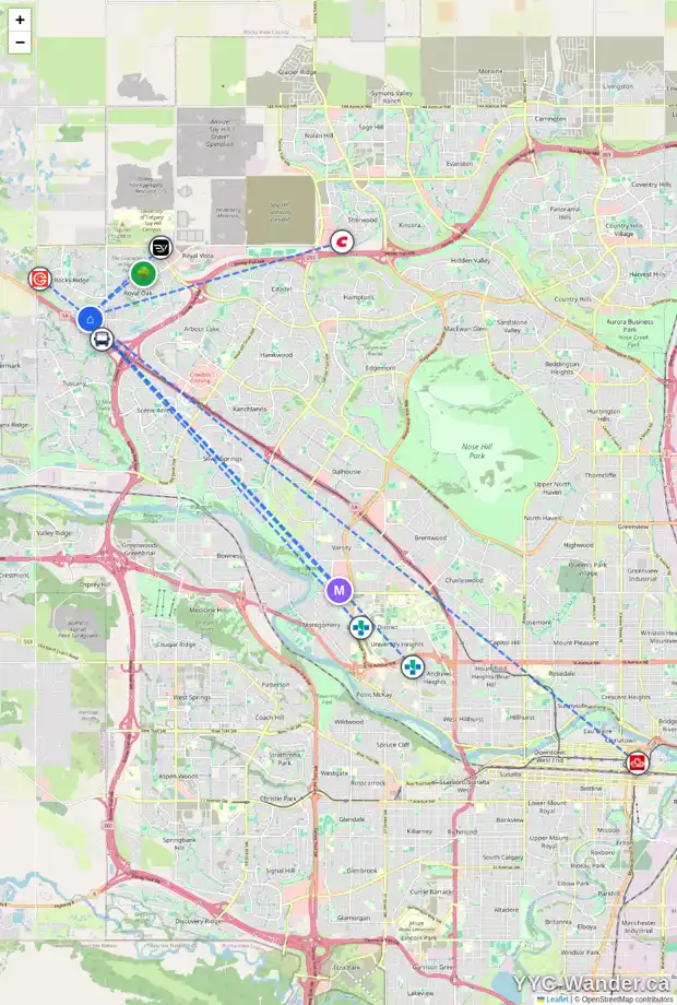 Daily accessibility map for 229 369 ROCKY VISTA PA NW, Calgary showing nearby schools, grocery stores, parks, LRT stations and nearby amenities