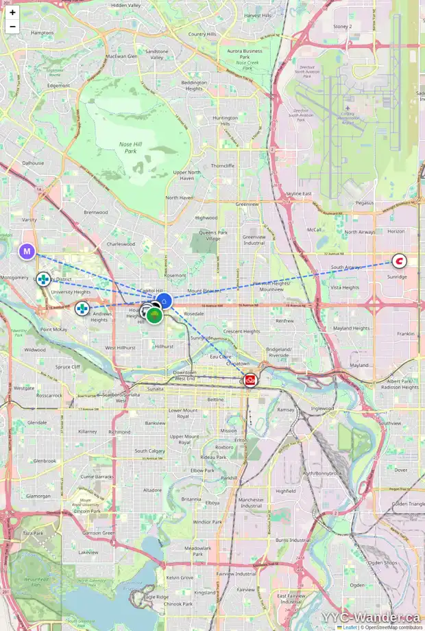 Daily accessibility map for 1525 18 AV NW, Calgary showing nearby schools, grocery stores, parks, LRT stations and nearby amenities