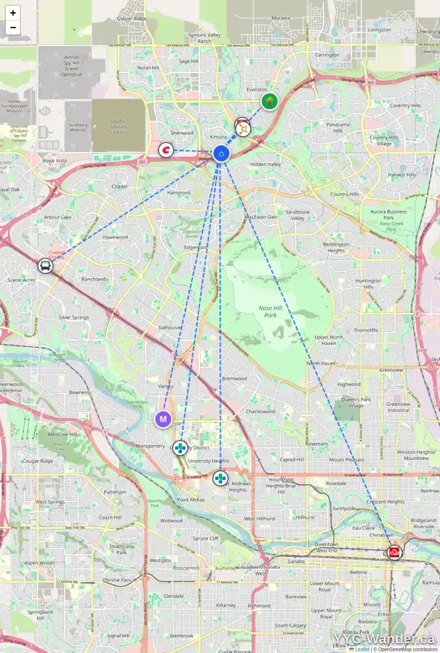 Daily accessibility map for 272 KINCORA DR NW, Calgary showing nearby schools, grocery stores, parks, LRT stations and nearby amenities