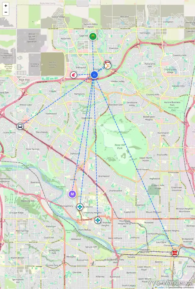 Daily accessibility map for 368 KINCORA DR NW, Calgary showing nearby schools, grocery stores, parks, LRT stations and nearby amenities
