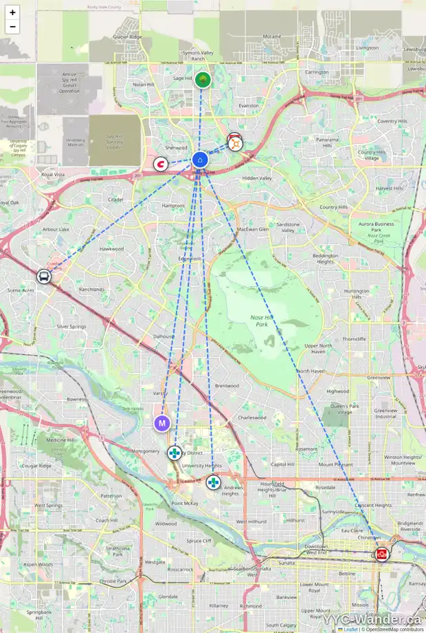 Daily accessibility map for 458 KINCORA DR NW, Calgary showing nearby schools, grocery stores, parks, LRT stations and nearby amenities